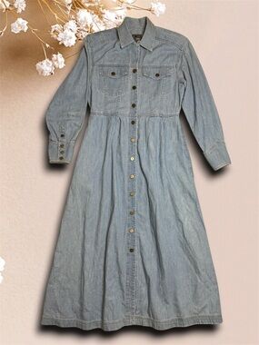 Vintage Denim Light Blue Snap Button-Front Western Long Sleeve Dress sz S